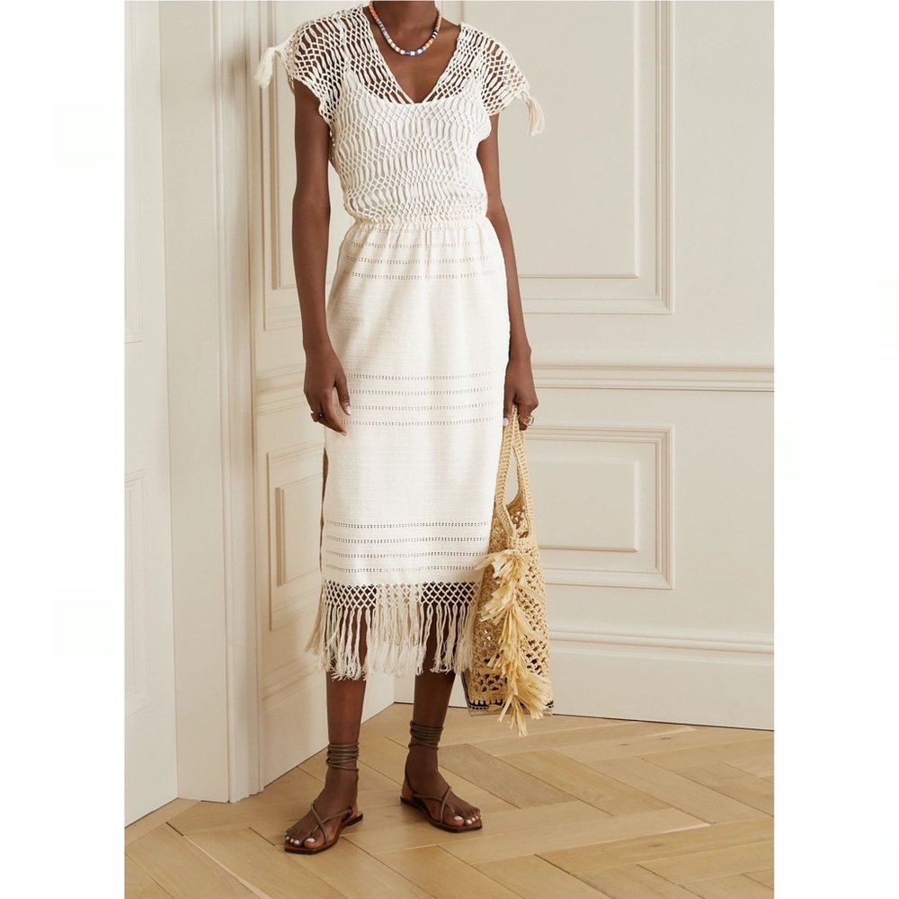 NWOT Jaline + Net Sustain Bianca Fringed Macramé-trimmed Midi Dress - sz M